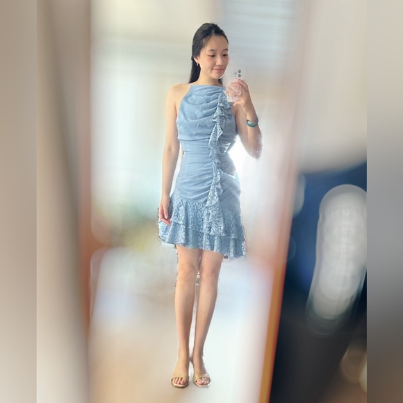 Keepsake Light Blue Lace Embellished Ruched Dress Size S - Picture 2 of 8